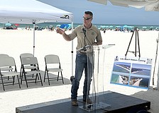 Congressman Greg Steube speaks at the ribbon cutting for the completion of the renourishment project at Lido Beach.