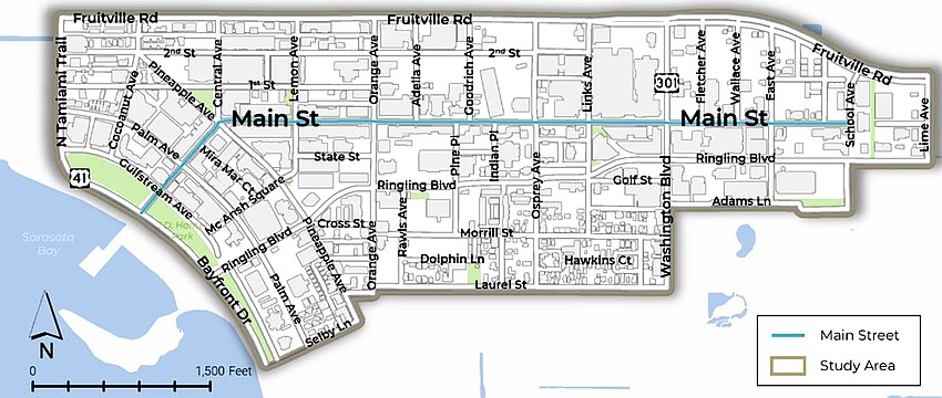 The study area of the Main Street complete streets project. The study area of the Main Street complete streets project.
