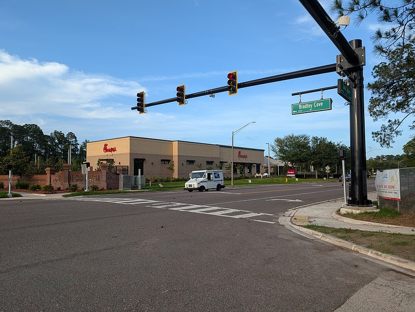 A traffic signal was installed at Bradley Cove Road and Duval Station Road as part of the Chick-fil-A project. The road also is the east entrance to the North Creek subdivision. A traffic signal was installed at Bradley Cove Road and Duval Station Road as part of the Chick-fil-A project. The road also is the east entrance to the North Creek subdivision.