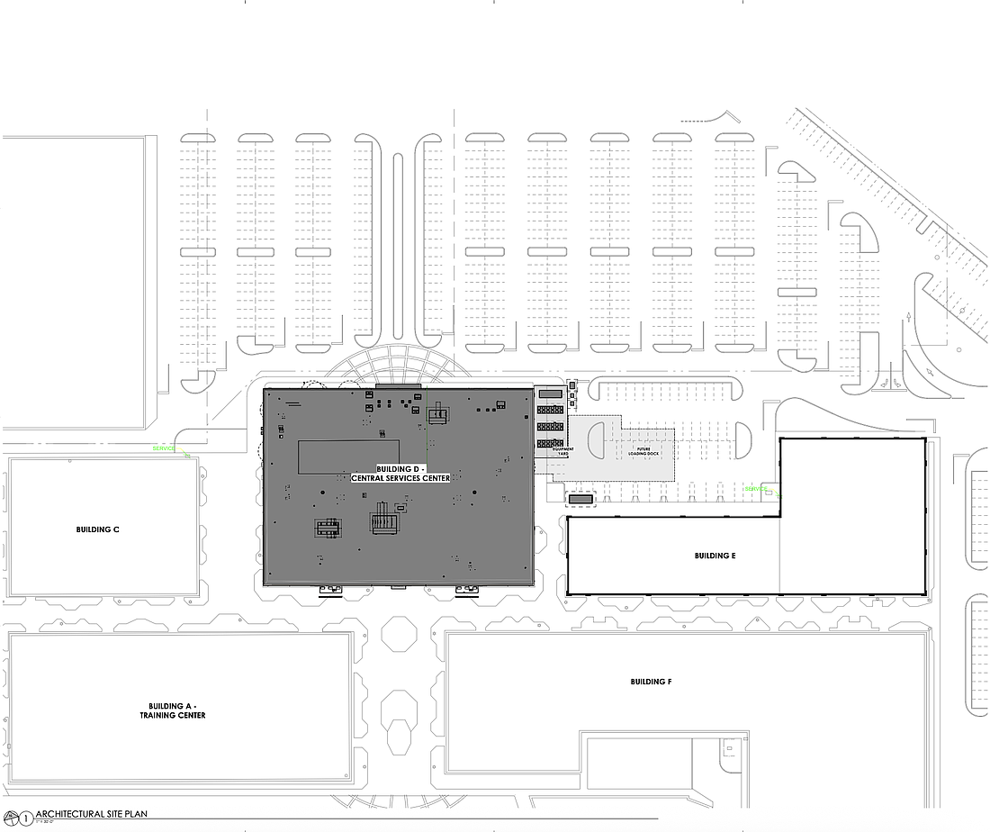 A site plan of San Marco East Plaza that shows Building D, where Baptist Health is working on its Central Services Center.