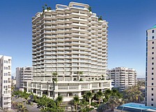 A Kobi Karp Architecture rendering of the 18-story Adagio luxury condo tower as viewed at the northwest corner of South Palm Avenue and Ringling Boulevard.
