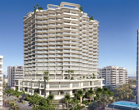 A Kobi Karp Architecture rendering of the 18-story Adagio luxury condo tower as viewed at the northwest corner of South Palm Avenue and Ringling Boulevard.