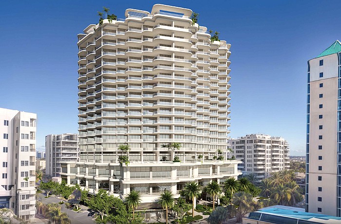 A Kobi Karp Architecture rendering of the 18-story Adagio luxury condo tower as viewed at the northwest corner of South Palm Avenue and Ringling Boulevard.