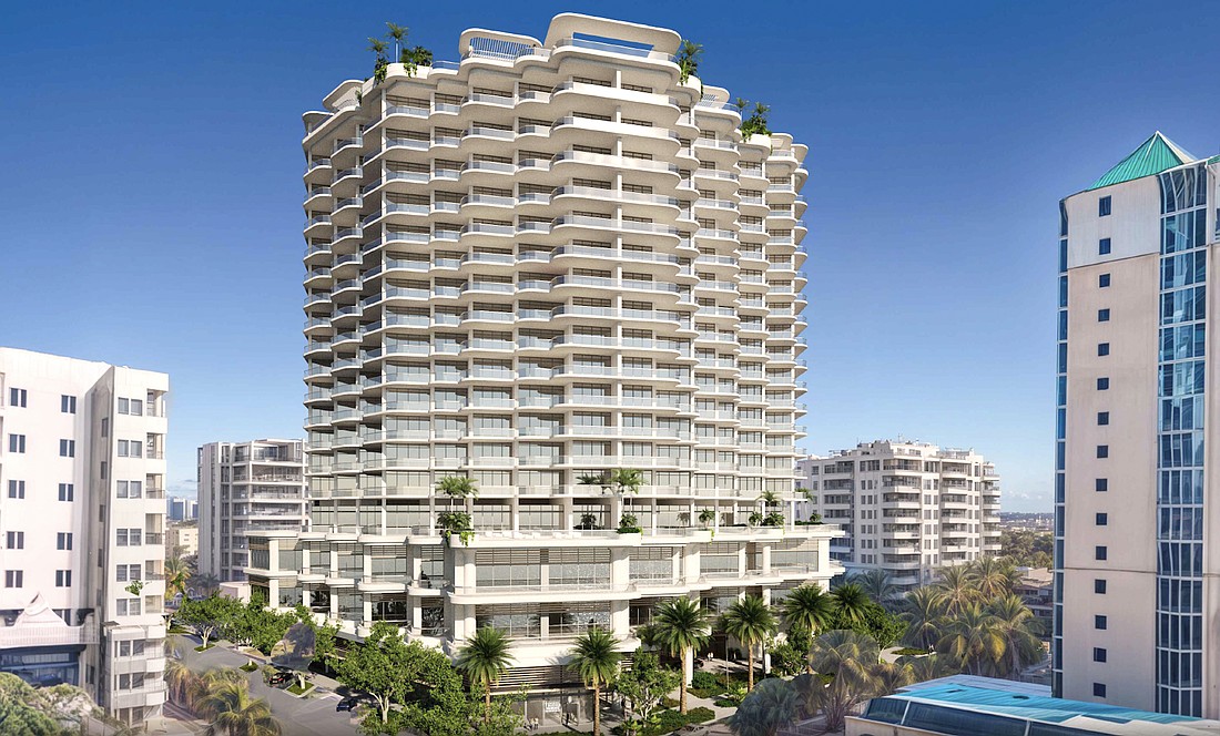 A Kobi Karp Architecture rendering of the 18-story Adagio luxury condo tower as viewed at the northwest corner of South Palm Avenue and Ringling Boulevard.