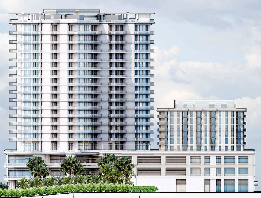 A schematic drawing of Adagio shows the 18-story condo tower to the left and 10-story attainable housing rental building to the right atop a parking and commercial space podium. A schematic drawing of Adagio shows the 18-story condo tower to the left and 10-story attainable housing rental building to the right atop a parking and commercial space podium.