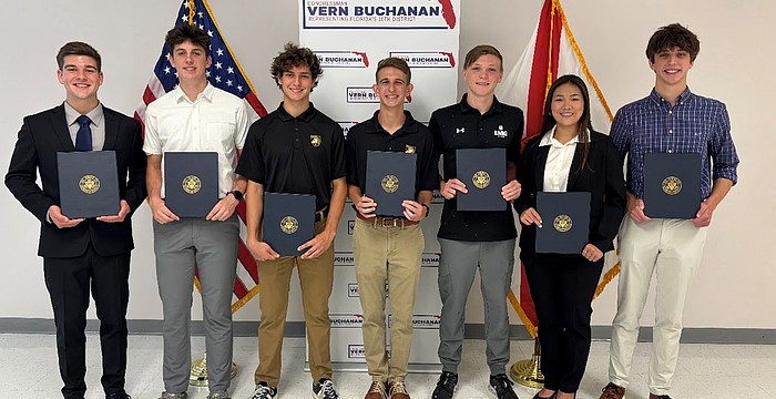 U.S. Rep. Vern Buchanan's appointments to U.S. service academies for the fall include (from left) Micah Pubillones, Lakewood Ranch High graduate Jack Crosbie, Caine Cokkinias, Hunter Wilk, Dax Morgan, Caitlin Nguyen, and John Wheaton.