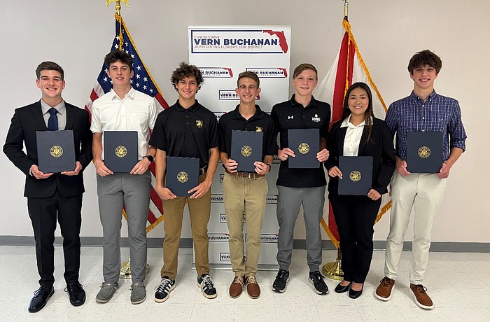 U.S. Rep. Vern Buchanan's appointments to U.S. service academies for the fall include (from left) Micah Pubillones, Lakewood Ranch High graduate Jack Crosbie, Caine Cokkinias, Hunter Wilk, Dax Morgan, Caitlin Nguyen, and John Wheaton.