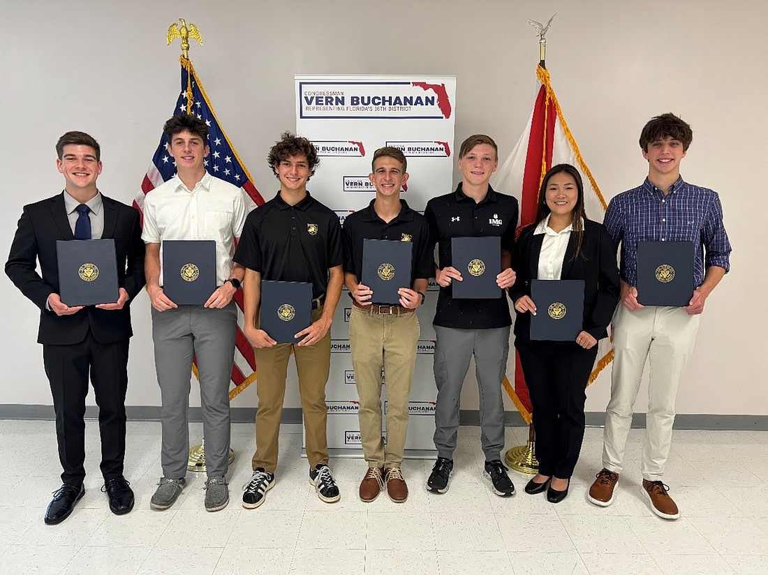 U.S. Rep. Vern Buchanan's appointments to U.S. service academies for the fall include (from left) Micah Pubillones, Lakewood Ranch High graduate Jack Crosbie, Caine Cokkinias, Hunter Wilk, Dax Morgan, Caitlin Nguyen, and John Wheaton.