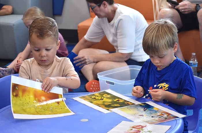 Lakewood Ranch's Cole Mule and Bodie Hogan, both 3 years old, explore the bee-themed magnet activity.