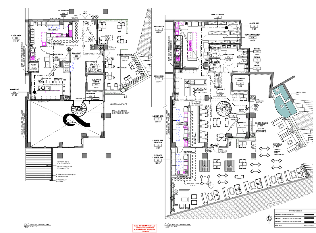Designs for Norikawa show the plans for the first- and second-floor dining, bar, lounge and outdoor uses.