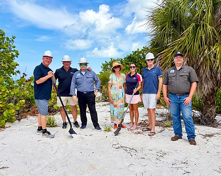 Lido Shores Property Owners Association board members, including President Michelle Swartz, Vice President Jon Tilkemeier, Tom Fitzgerald and Jan Farber, joined team members from New Pass Dock & Seawall, including Co-Owner Jonathon Sisler, President and Co-Owner Todd Wagner and Sales Manager Matt Billib, to break ground on a new beachside pavilion to replace one destroyed by the 2024 hurricanes.