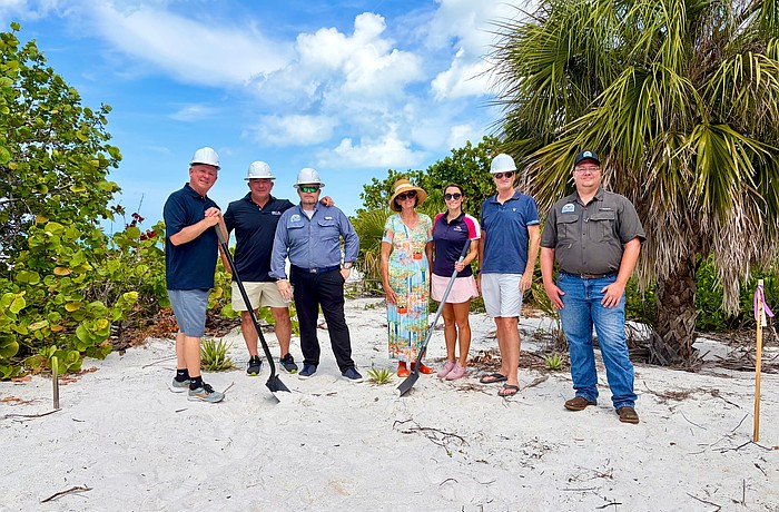 Lido Shores Property Owners Association board members, including President Michelle Swartz, Vice President Jon Tilkemeier, Tom Fitzgerald and Jan Farber, joined team members from New Pass Dock & Seawall, including Co-Owner Jonathon Sisler, President and Co-Owner Todd Wagner and Sales Manager Matt Billib, to break ground on a new beachside pavilion to replace one destroyed by the 2024 hurricanes.