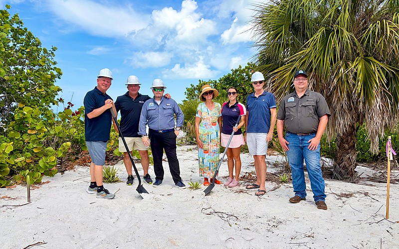 Lido Shores Property Owners Association board members, including President Michelle Swartz, Vice President Jon Tilkemeier, Tom Fitzgerald and Jan Farber, joined team members from New Pass Dock & Seawall, including Co-Owner Jonathon Sisler, President and Co-Owner Todd Wagner and Sales Manager Matt Billib, to break ground on a new beachside pavilion to replace one destroyed by the 2024 hurricanes.