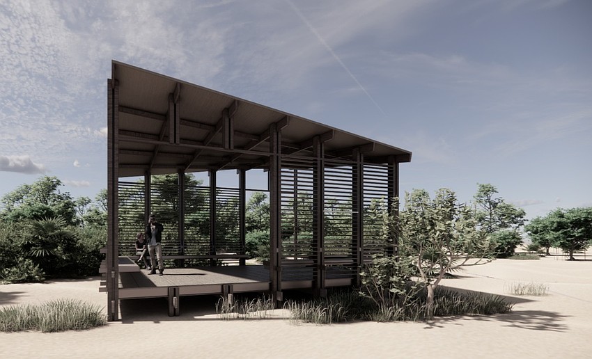 The rendering of the new pavilion replacing the structure destroyed by Hurricane Helene at the north end of Lido Shores depicts a space designed to provide comfortable shade and seating while remaining storm-resistant.
