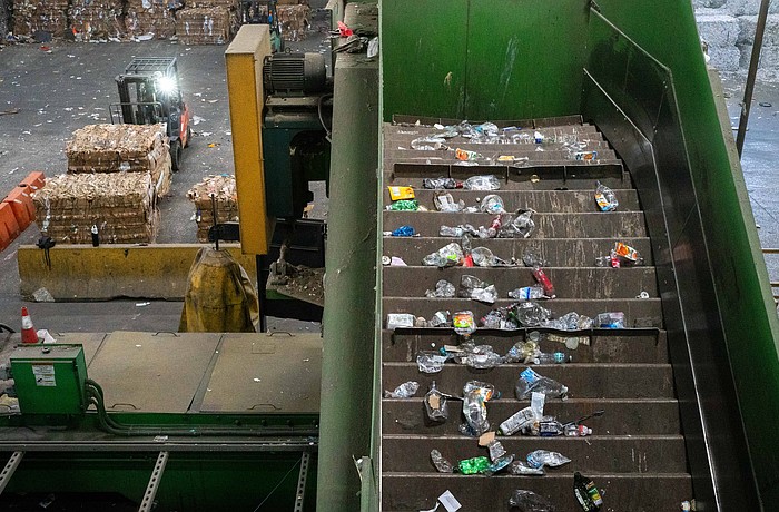 Plastic bottles have been separated from other recyclables as they travel along a conveyor line at the Circular Services materials recovery facility in Sarasota.