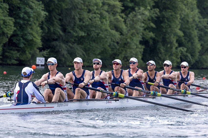 Clark Dean (fourth from right) won a national title with Sarasota Crew in the Youth Men's Eight at the 2018 USRowing Youth National Championships — one of his many accomplishments en route to Olympic bronze.