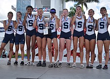 The title-winning U16 Women's Eight for Sarasota Crew at the 2025 USRowing Youth National Championships. From left to right: Addison Wilson, Brooke Wilson, Gabrielle Davis, Maya Jewell, Lillian Teague, Megan Murdock, Isabella De Liz, Sydney Soboleski and Rose Ottaviano.