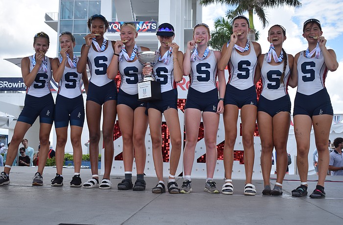 The title-winning U16 Women's Eight for Sarasota Crew at the 2025 USRowing Youth National Championships. From left to right: Addison Wilson, Brooke Wilson, Gabrielle Davis, Maya Jewell, Lillian Teague, Megan Murdock, Isabella De Liz, Sydney Soboleski and Rose Ottaviano.