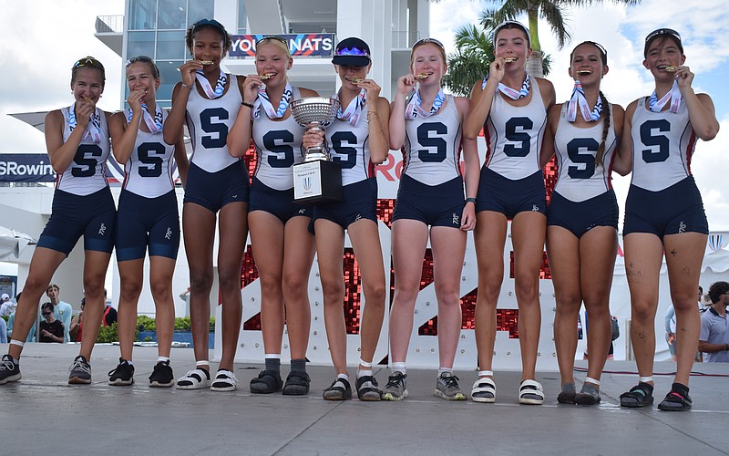 The title-winning U16 Women's Eight for Sarasota Crew at the 2025 USRowing Youth National Championships. From left to right: Addison Wilson, Brooke Wilson, Gabrielle Davis, Maya Jewell, Lillian Teague, Megan Murdock, Isabella De Liz, Sydney Soboleski and Rose Ottaviano.