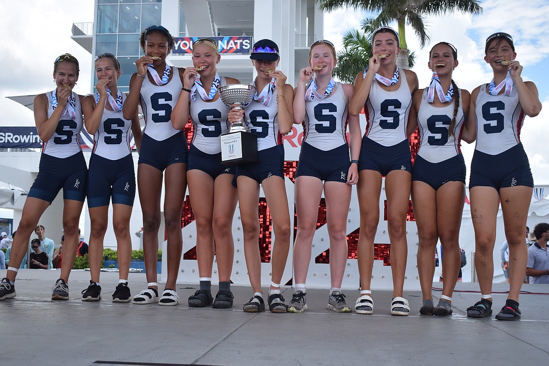 The title-winning U16 Women's Eight for Sarasota Crew at the 2025 USRowing Youth National Championships. From left to right: Addison Wilson, Brooke Wilson, Gabrielle Davis, Maya Jewell, Lillian Teague, Megan Murdock, Isabella De Liz, Sydney Soboleski and Rose Ottaviano.