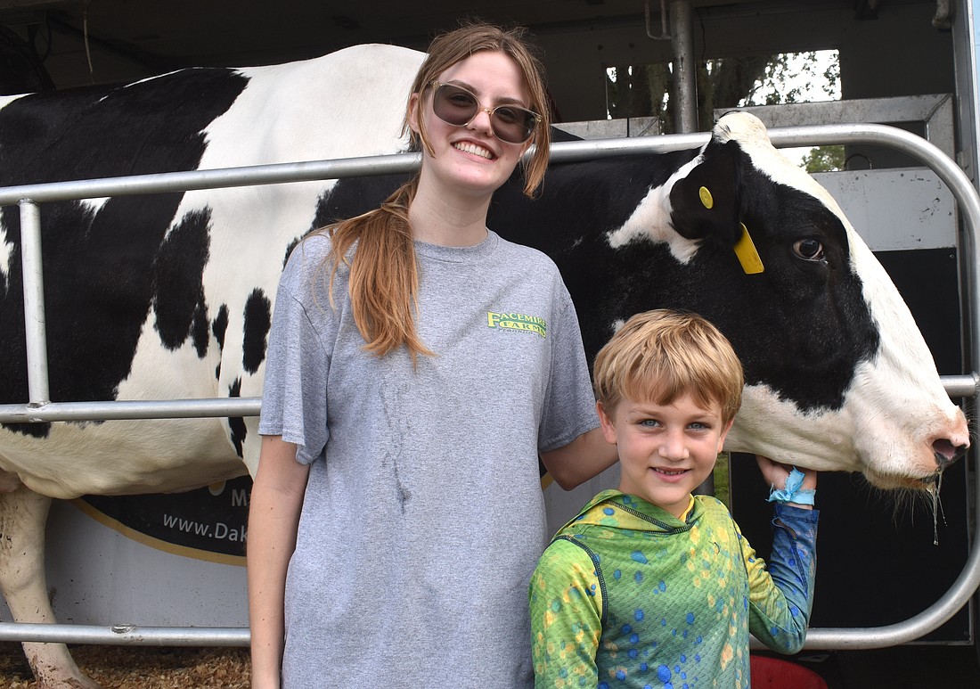 Gabrielle Finnegan, chapter president of the Lakewood Ranch High School Future Farmers of America, checks out Lucy the cow with 7-year-old camper Luca Bellantonio.