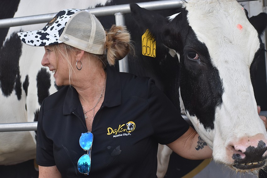 Jennifer Griffith, an agriculture advocate with Dakin Dairy Ag Experience, says traveling with Lucy, a 5-year-old Holstein cow, gives the community an opportunity to see the milking process up close.