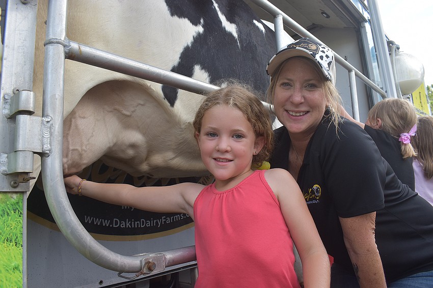 Lakewood Ranch's Sylvie Shatraw, 7, milks a cow from Dakin Dairy Ag Experience with the help of Ag Advocate Jennifer Griffith during the Junior Rancher's Agriculture Summer Camp at Lakewood Ranch High School.