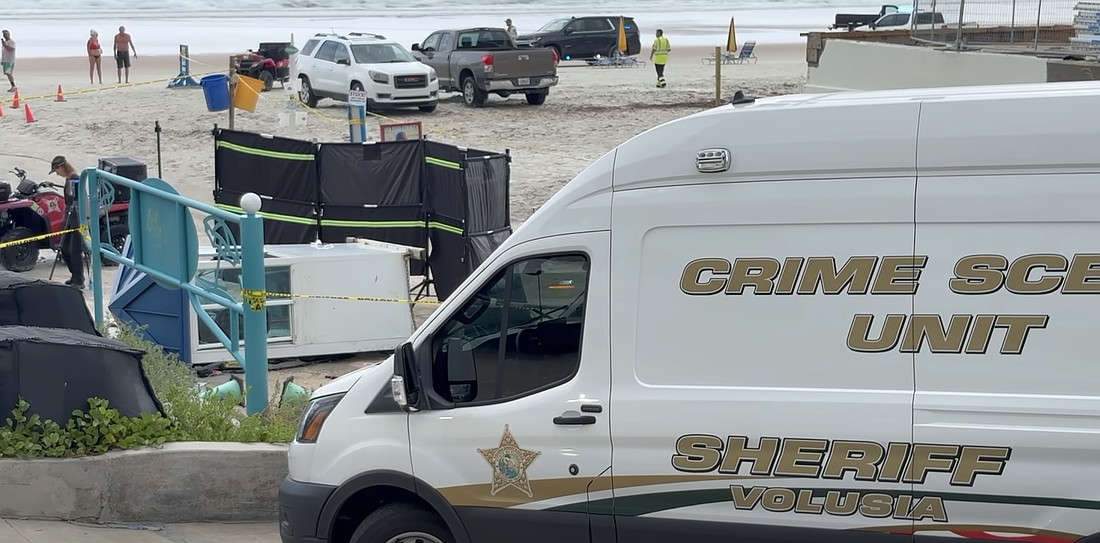A Volusia Sheriff's Office Crime Scene Unit van at the Dunlawton beach approach on Monday, June 1, after the fatal crash that killed 63-year-old Tammy Jo Baker. Screenshot courtesy of VSO/Facebook
