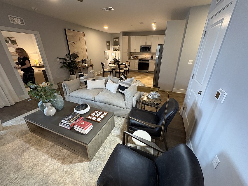 A model living room for one of Rise Doro’s two-bedroom units, which starts at $2,800. The development is at 960 E. Adams St. in Downtown Jacksonville.
