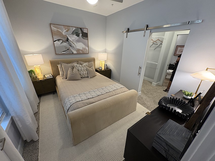 A model primary bedroom for one of Rise Doro’s two-bedroom units, which starts at $2,800. The complex is at 960 E. Adams St. in Downtown Jacksonville.