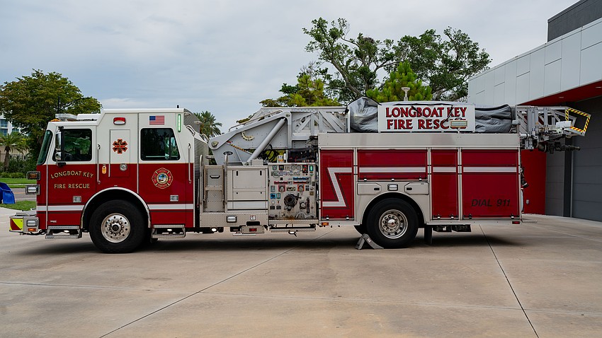 This 75-foot Sutphen ladder truck is stationed at Fire Station 91 in Longboat Key. The town purchased it for about $870,000 in 2020.