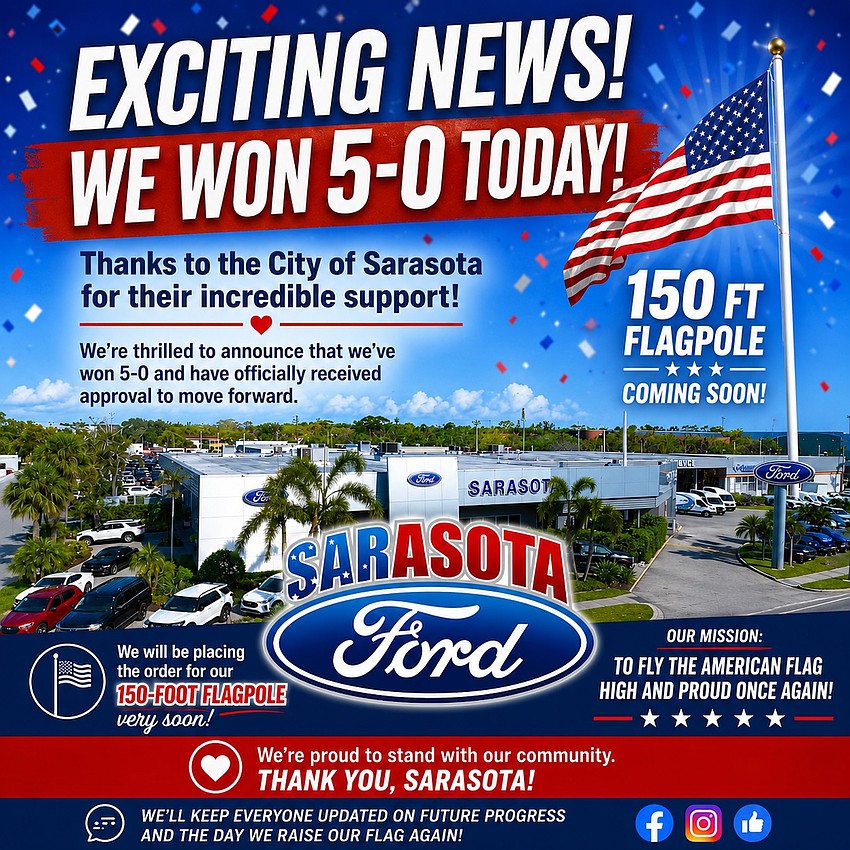 This post appeared on the Sarasota Ford Facebook page within an hour of its adjustment request was approved by the city's Board of Adjustment.