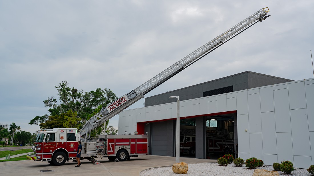 Longboat Key Fire Rescue has two ladder trucks that can reach 75 feet, including this Sutphen engine built in 2020, which serves as the primary engine at Fire Station 92.