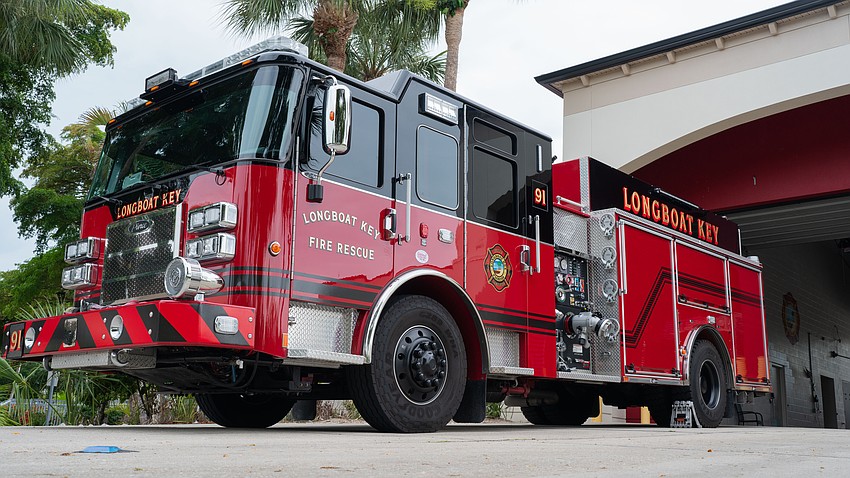 Longboat Key Fire Rescue uses a 2024 Pierce pumper truck with a 1000 gallon tank capacity as the main engine at Fire Station 91.