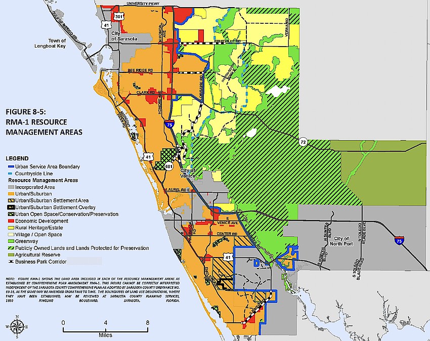 The black and white hatched lines illustrate the Sarasota County Business Park zone district corridors. The black and white hatched lines illustrate the Sarasota County Business Park zone district corridors.