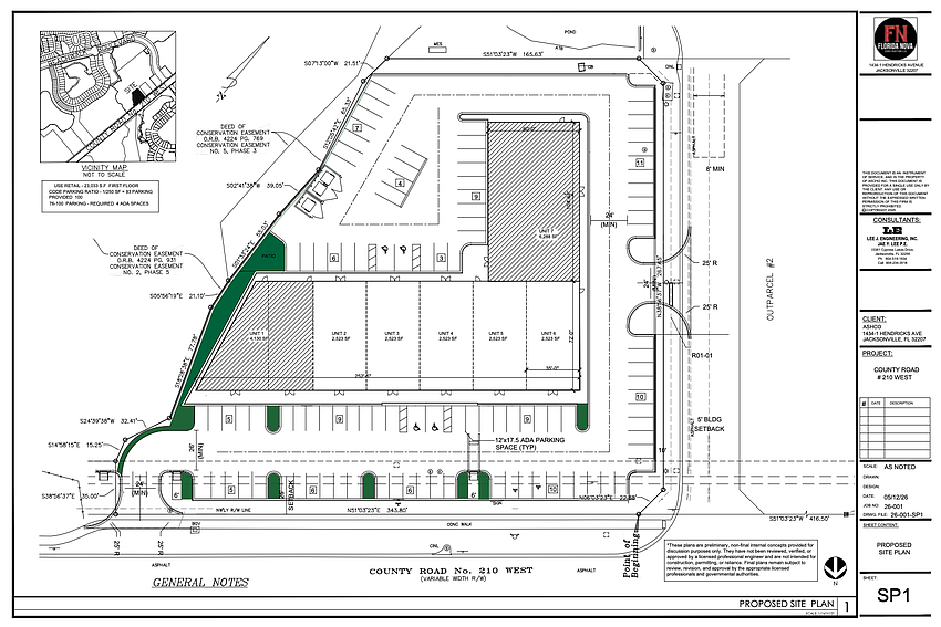 The site plan shows seven units, with one 6,288 square feet, one 4,130-square-foot and five at 2,353 square feet each.