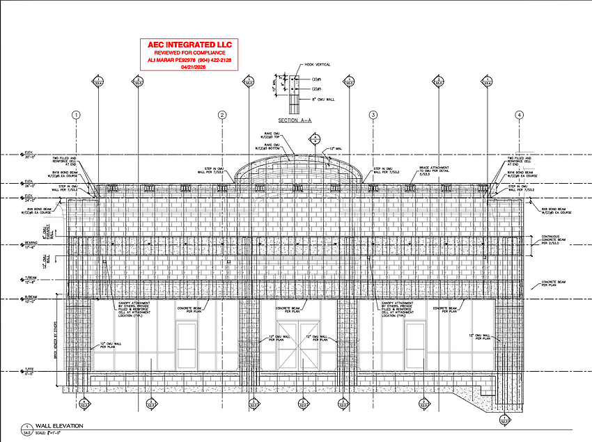 The structural plan for a retail building in the Atlantic North shopping center indicates up to three tenants.