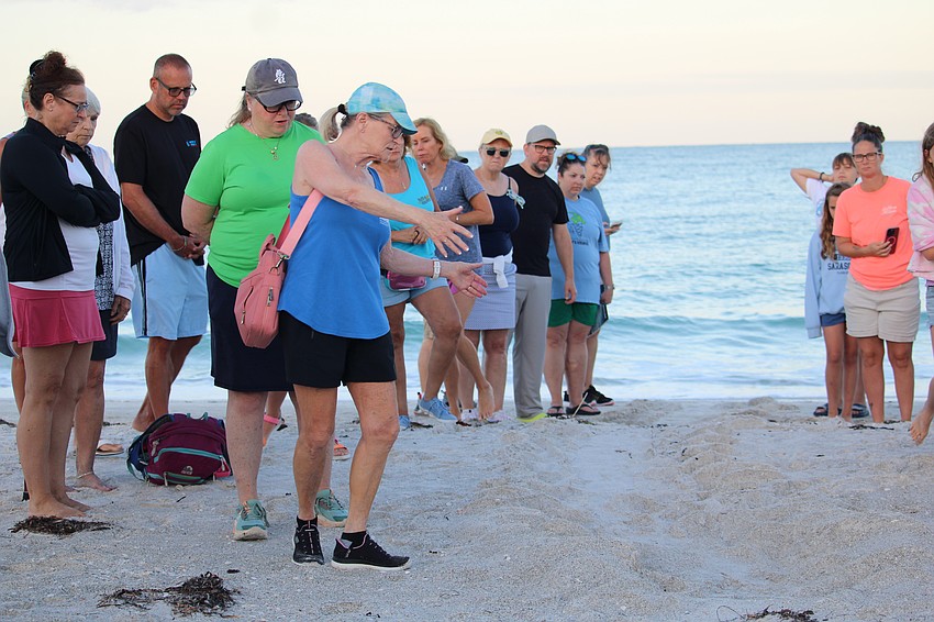 Connie Schindewolf explains to Turtle Walk participants how the positioning of eggs in the nest, specifically related to their temperature, affects whether hatchlings will be male or female.