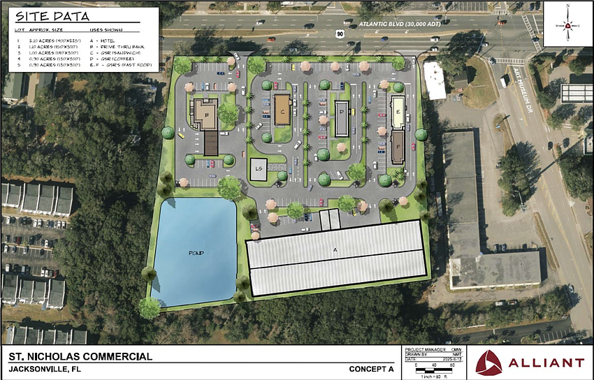 A concept site plan filed with rezoning Ordinance 2026-0437 shows a possibility for the commercial use of the former Beach Road Chicken Dinners site in the St. Nicholas area.