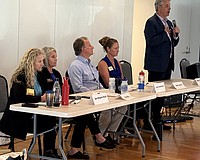 From left, City Commission at-large candidates Jen Ahearn-Koch, Flo Entler, John Harshman, Jaime Loomis and Rob Rominiecki at the CCNA candidate forum.