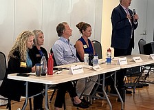 From left, City Commission at-large candidates Jen Ahearn-Koch, Flo Entler, John Harshman, Jaime Loomis and Rob Rominiecki at the CCNA candidate forum.