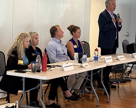 From left, City Commission at-large candidates Jen Ahearn-Koch, Flo Entler, John Harshman, Jaime Loomis and Rob Rominiecki at the CCNA candidate forum.