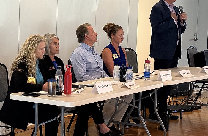 From left, City Commission at-large candidates Jen Ahearn-Koch, Flo Entler, John Harshman, Jaime Loomis and Rob Rominiecki at the CCNA candidate forum.