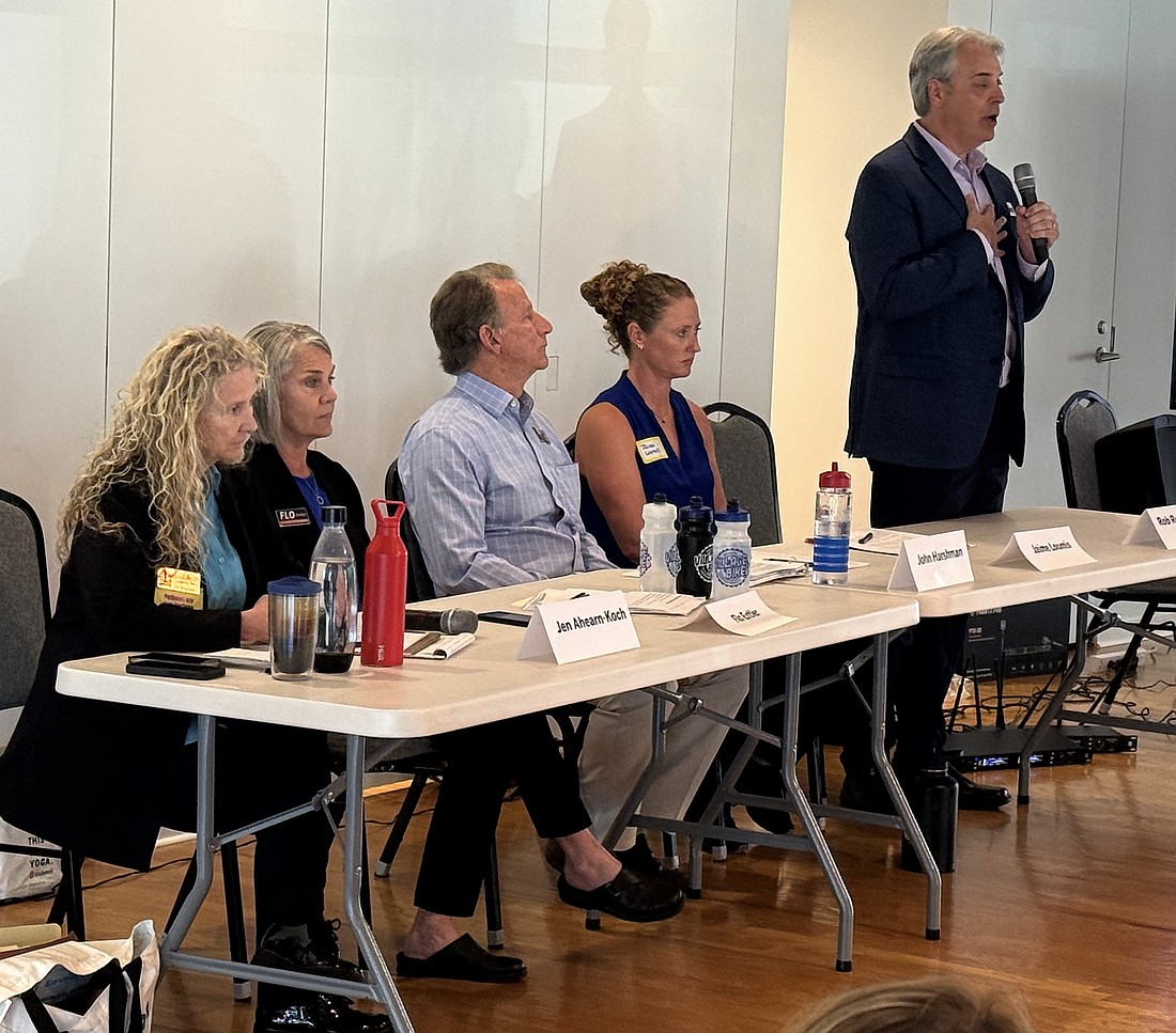 From left, City Commission at-large candidates Jen Ahearn-Koch, Flo Entler, John Harshman, Jaime Loomis and Rob Rominiecki at the CCNA candidate forum.