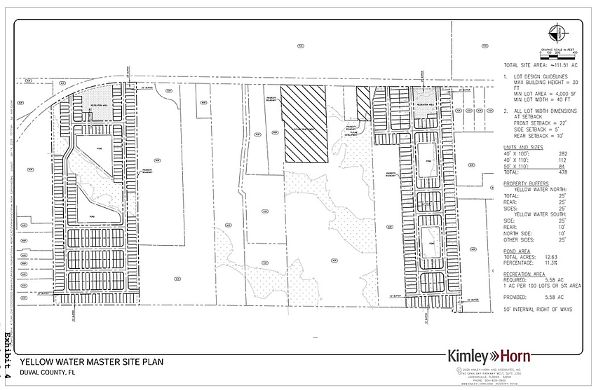 Jacksonville City Council voted June 9 in support of two separate developments on Yellow Water Road, denoted as Yellow Water North and Yellow Water South in a site plan and separated by several properties zoned for agricultural use. Plans call for a 478-home residential development on the property. Jacksonville City Council voted June 9 in support of two separate developments on Yellow Water Road, denoted as Yellow Water North and Yellow Water South in a site plan and separated by several properties zoned for agricultural use. Plans call for a 478-home residential development on the property.