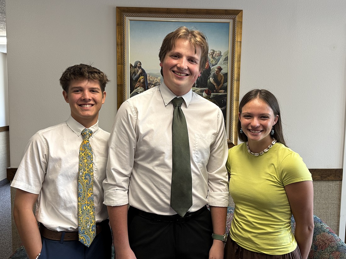 Young missionaries Riley Boyce, Connor Ladd and Keila Brouse. Photo by Brian McMillan