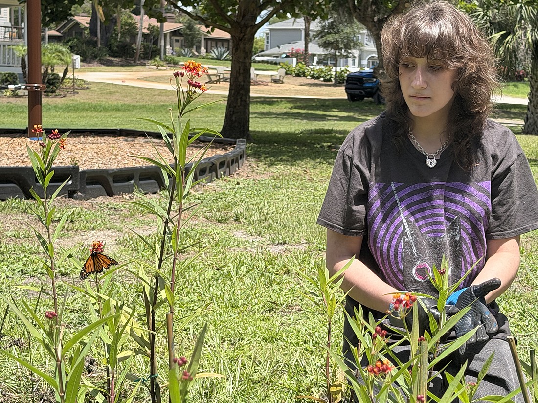 Carmella Duel visits the garden for maintenance once per week. Sometimes, monarch butterflies fly by her, leaving her in awe.
