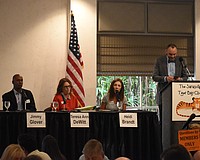 Jimmy Glover, Teresa DeWitt, Heidi Brandt speak at the forum, beside moderator Kevin Cooper.
