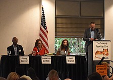 Jimmy Glover, Teresa DeWitt, Heidi Brandt speak at the forum, beside moderator Kevin Cooper.