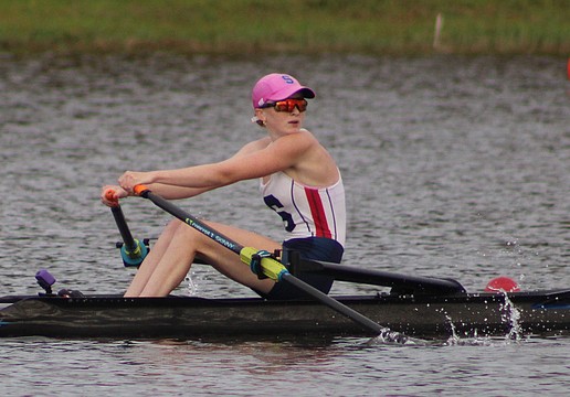 Sarasota Crew's Gabrielle DeLeo heads to the finish of the Women's Youth 1x Thursday at the USRowing Youth National Championships at Nathan Benderson Park. She qualified for Friday's semifinal by placing eighth in 7:54.36.